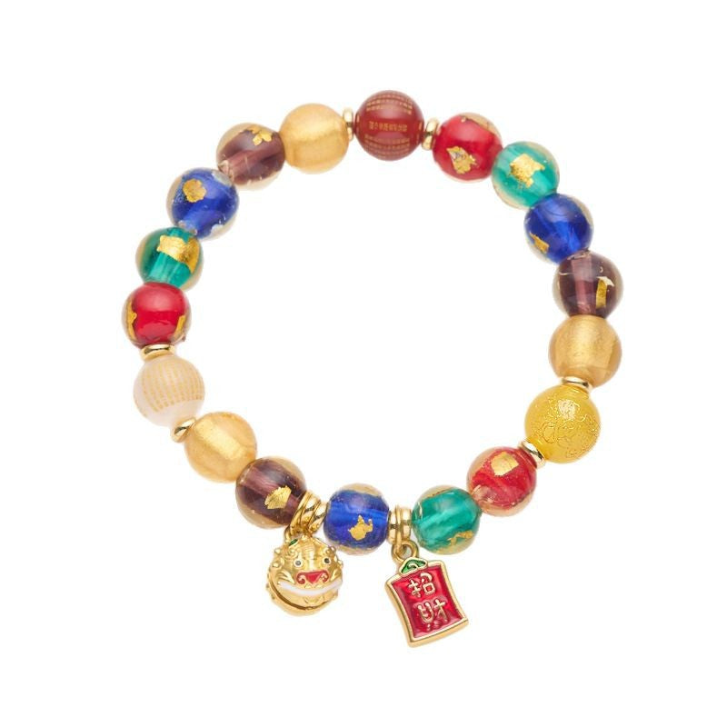 Xiamen Nanputuo Collection Five-Color Gold Leaf Heart Sutra Multi-Treasure Glass Bell Lion Dance Bracelet Ten Perfect Bracelets