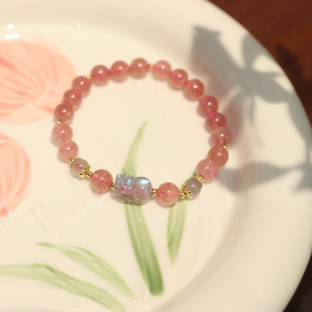 Natural7MM Pigeon Blood Red Strawberry Quartz Pixiu Bracelet for Women Moonstone Good Luck Peach Blossom Pink Quartz Beaded Bracelet Gift