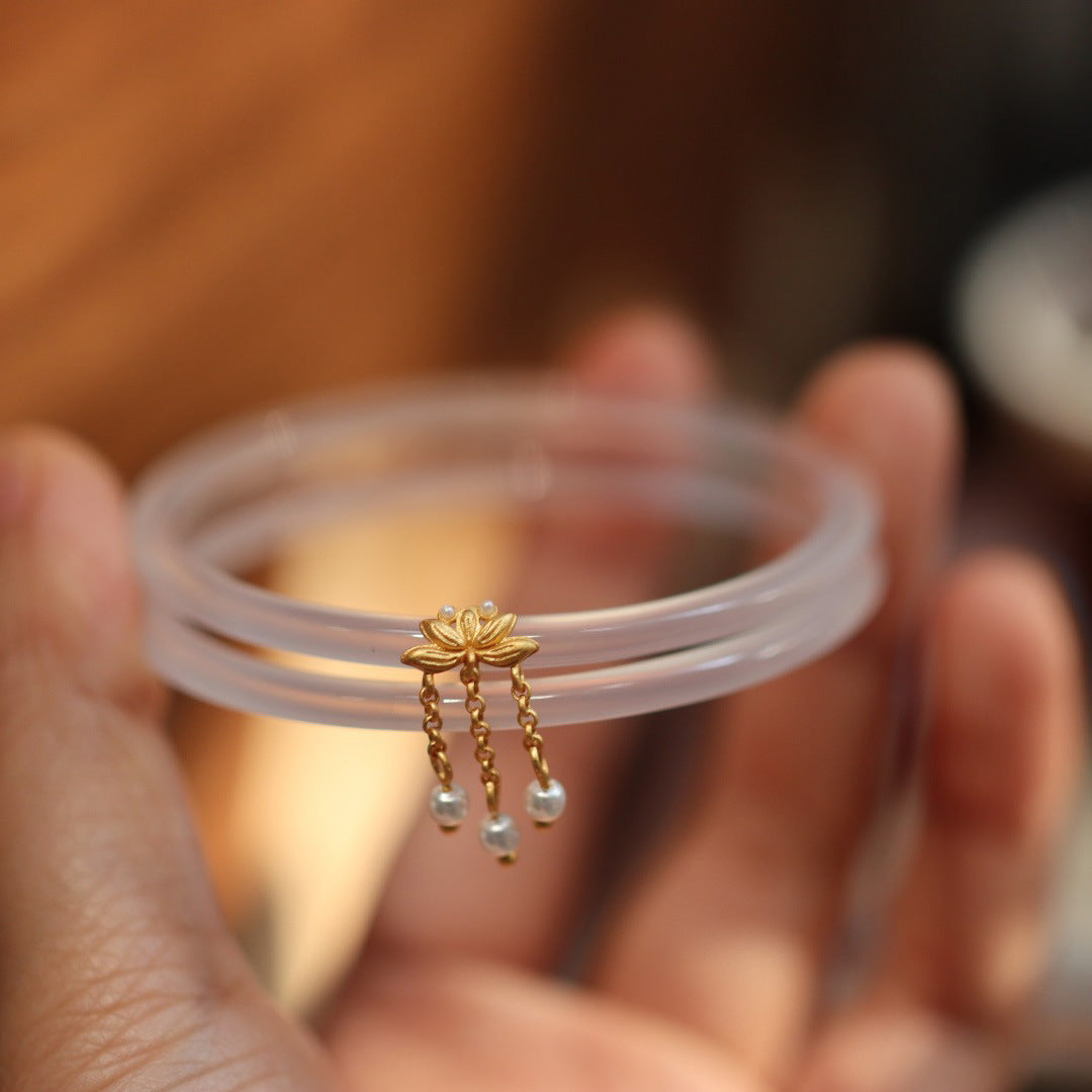 Live Source One Step One Ring Chalcedon Achat Dingdang Armband Perle Viel Glück Lotus Eissamen Dünnes Streifenarmband für Frauen im chinesischen Stil