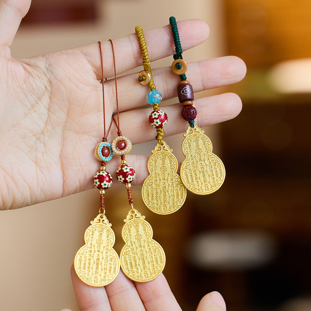 Ancient Method Sand Gold Copper Plated Gourd Pendant with Cinnabar and Hydrangea DIY Birth Year Wealth Business Good Luck Keychain Phone Pendant