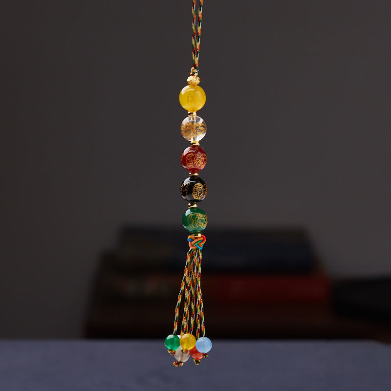 Original Design Natural Agate Crystal Five-Way God of Wealth Phone Chain Temple Cultural and Creative Keychain Car Pendant