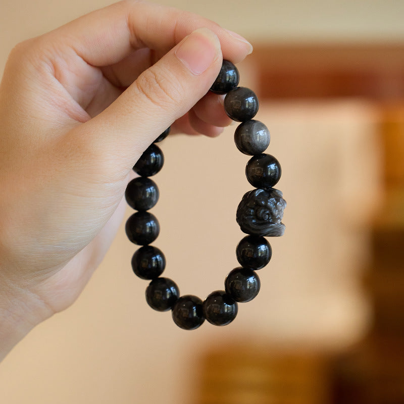 Natural Obsidian Bracelet Double Eyes Silver Stone Buddha Beads Good Luck Xingshi Bracelet Men and Women Bracelet of Birth Year
