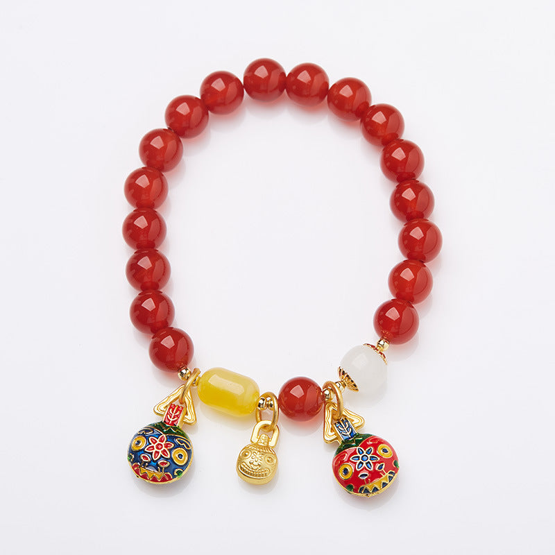 New Chinese Style Natural Red Agate Gold-Plated Beast Bracelet for Women, Zodiac Year Retro Style Beaded Jewelry Gift