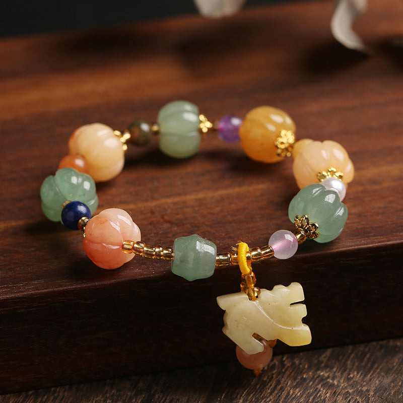 Yiyi Natural Golden Silk Jade Pumpkin Bead Bracelet for Women, Best Friend Gift, Gourd Pendant, Bell Jade Stone Jewelry