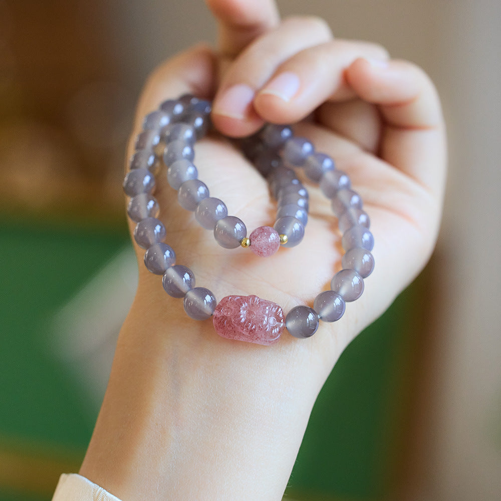 Smoke Purple Autumn Moon Natural Smoke Purple Agate Bracelet for Women Strawberry Crystal Pixiu Flower Double Circle Bracelet