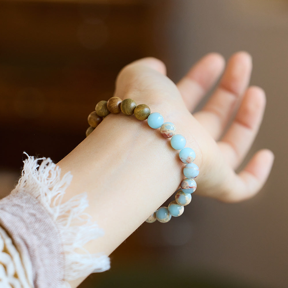 National Style Shoushan Stone Bracelet for Women Fashion Single Circle Green Sandalwood Bead Bracelet Artistic Ethnic Retro Jewelry