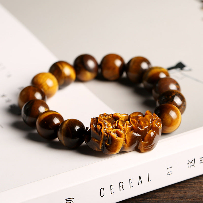 Natural Yellow Tiger Eye Stone Pixiu Bracelet A Grade Natural Tiger Eye Stone14MM Men's Tiger Eye Pixiu Bracelet Live Broadcast
