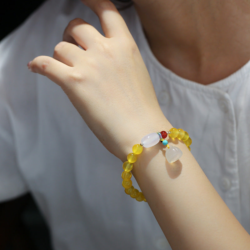 Natural8MM Yellow Agate Bracelet White Agate Barrel Bead Lotus Pod Bracelet Jewelry Hand Accessories Couple Best Friend Gift