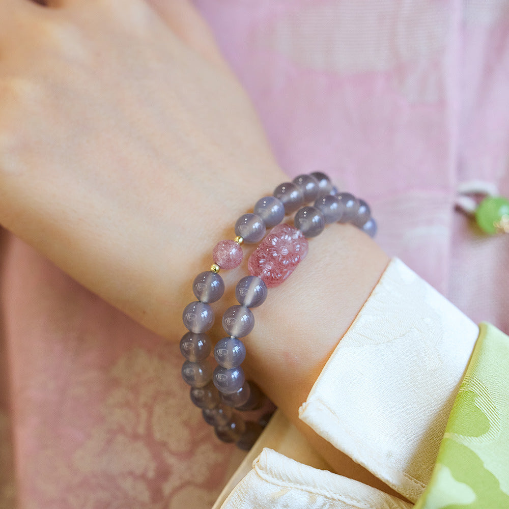 Smoke Purple Autumn Moon Natural Smoke Purple Agate Bracelet for Women Strawberry Crystal Pixiu Flower Double Circle Bracelet