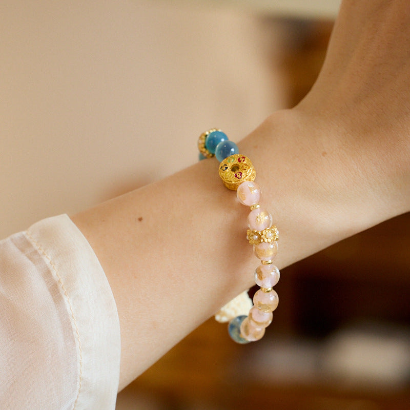 Temple Style Natural Blue Heart Agate Bracelet Wealth Hugging Dragon Gold Foil Double Combination Incense Ash Glaze Bracelet