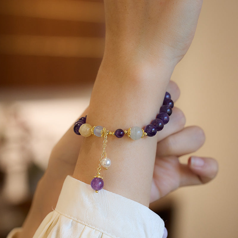 Unique Design Natural8MM Amethyst Bracelet for Women with Pearl Pendant and Tassel, Female Jewelry, Best Friend Gift
