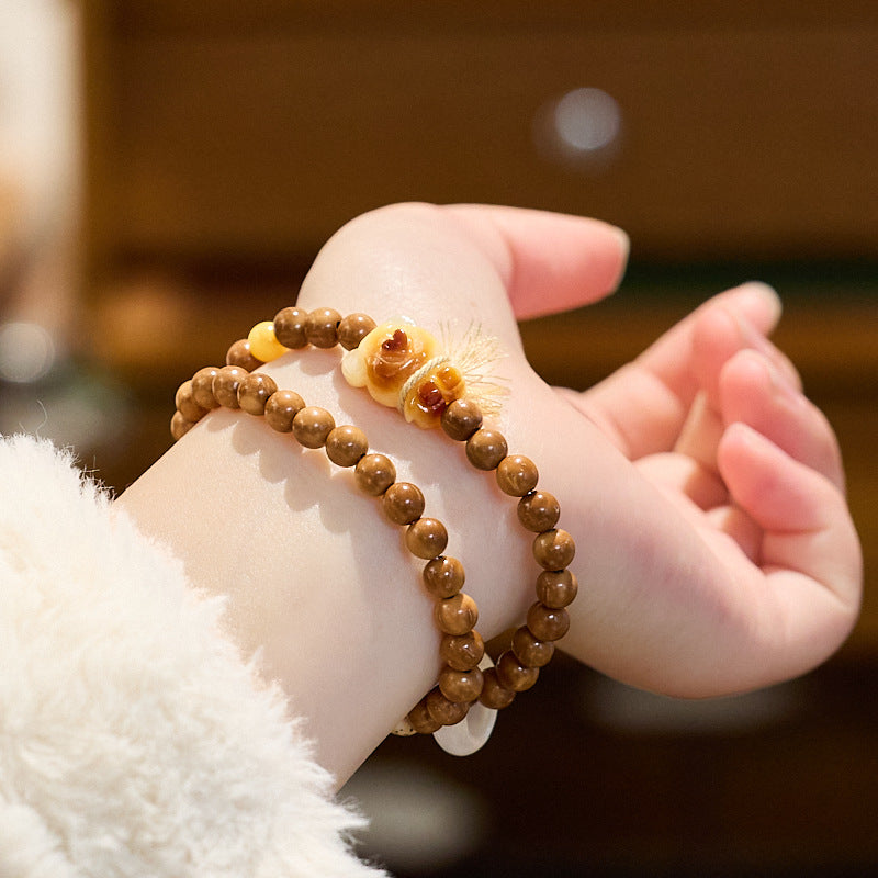 Natural6MM Kuke Bodhi Bracelet Original Design Double Circle Amber Cute Bear Bracelet Cultural Play Gift
