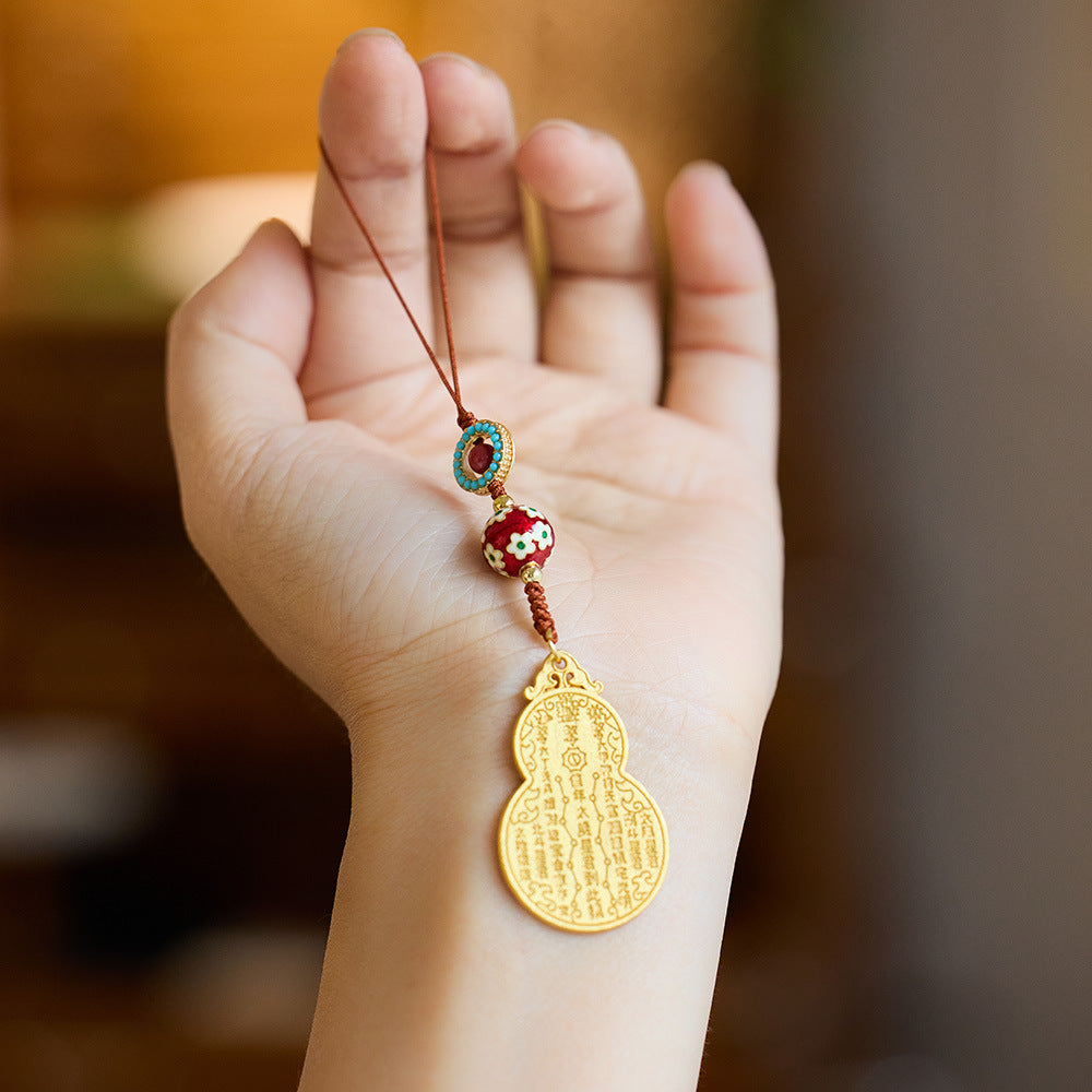 Ancient Method Sand Gold Copper Plated Gourd Pendant with Cinnabar and Hydrangea DIY Birth Year Wealth Business Good Luck Keychain Phone Pendant