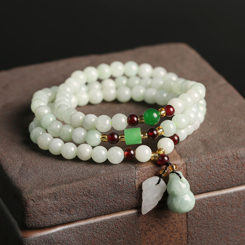 Natural A Jadeite Jade Stone Three-Layer Bracelet With Beads Dry Green Garnet Gourd Double Pixiu Pendant