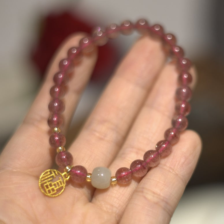 Custom Natural Strawberry Quartz Bracelet for Women Pigeon Blood Red Quartz DIY Pink crystal peach blossom beads