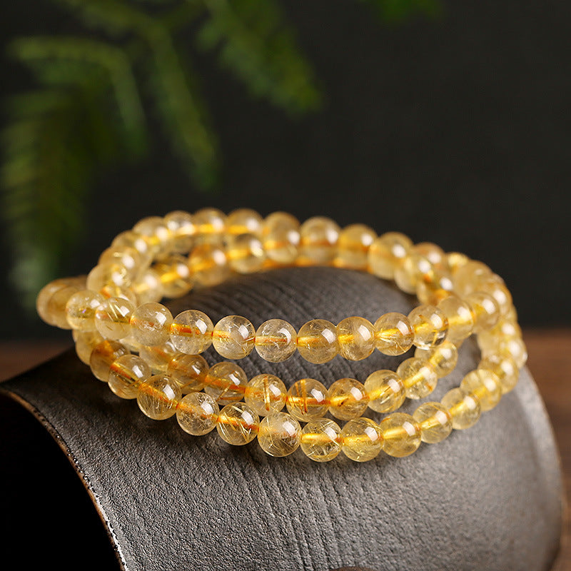 Natural Golden Rutilated Quartz Bracelet Wrap3Circle6mm Golden Rutilated Quartz Multi-Layer Bracelet Titanium Quartz Bead Bracelet Crystal Smooth and Full