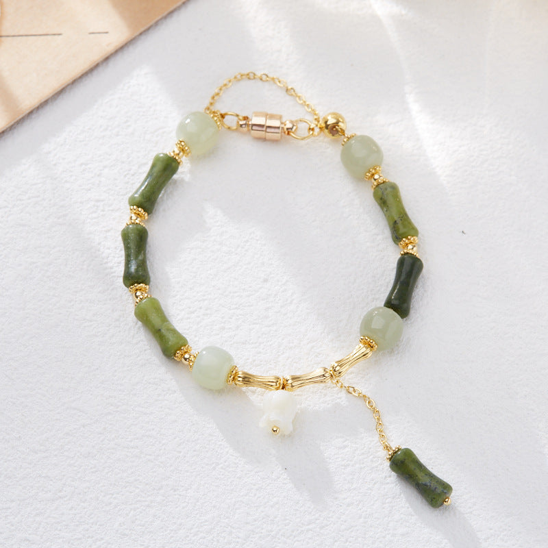 Natural Olive Jade Bamboo Bracelet for Women, One Leaf of Prosperity, Lily of the Valley Flower, Hetian Jade Bracelet, Gift for Best Friend