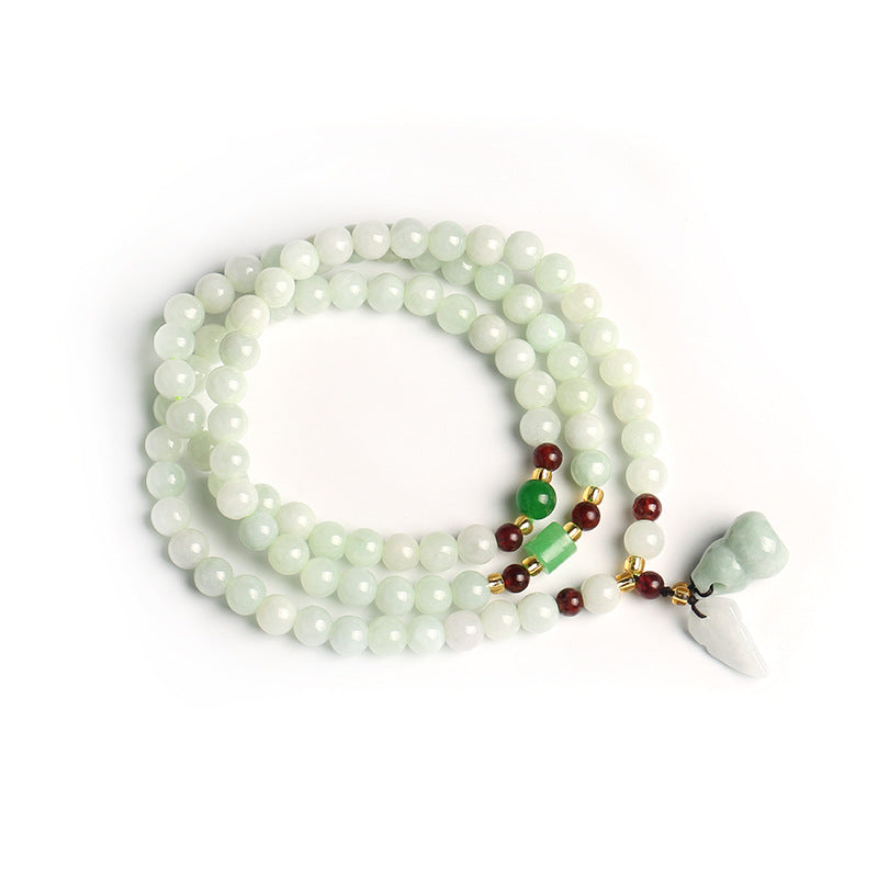 Natural A Jadeite Jade Stone Three-Layer Bracelet With Beads Dry Green Garnet Gourd Double Pixiu Pendant