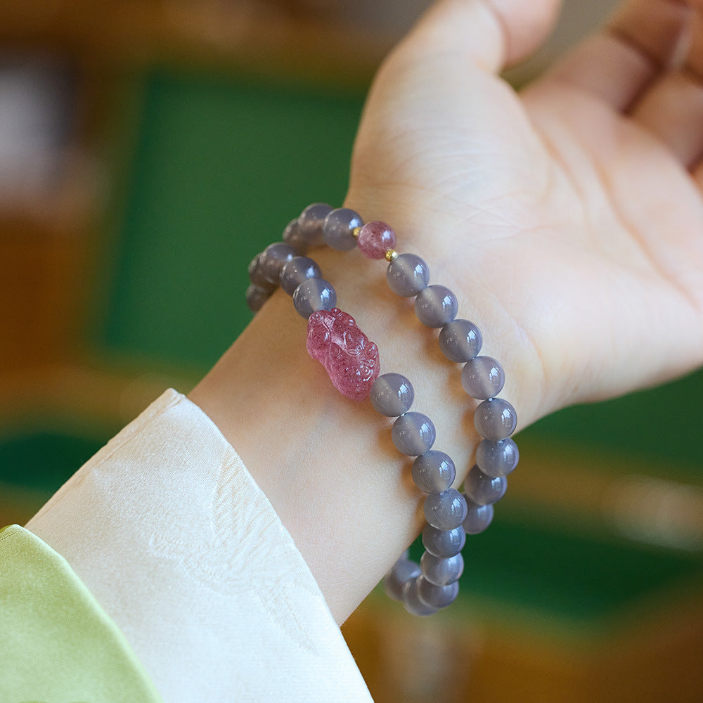 Smoke Purple Autumn Moon Natural Smoke Purple Agate Bracelet for Women Strawberry Crystal Pixiu Flower Double Circle Bracelet