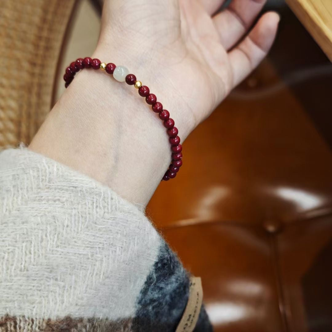 Xiangxi Raw Ore Natural Cinnabar Bracelet S925Silver Hetian Jade Single Circle Bracelet Birthday Year Cinnabar Gift