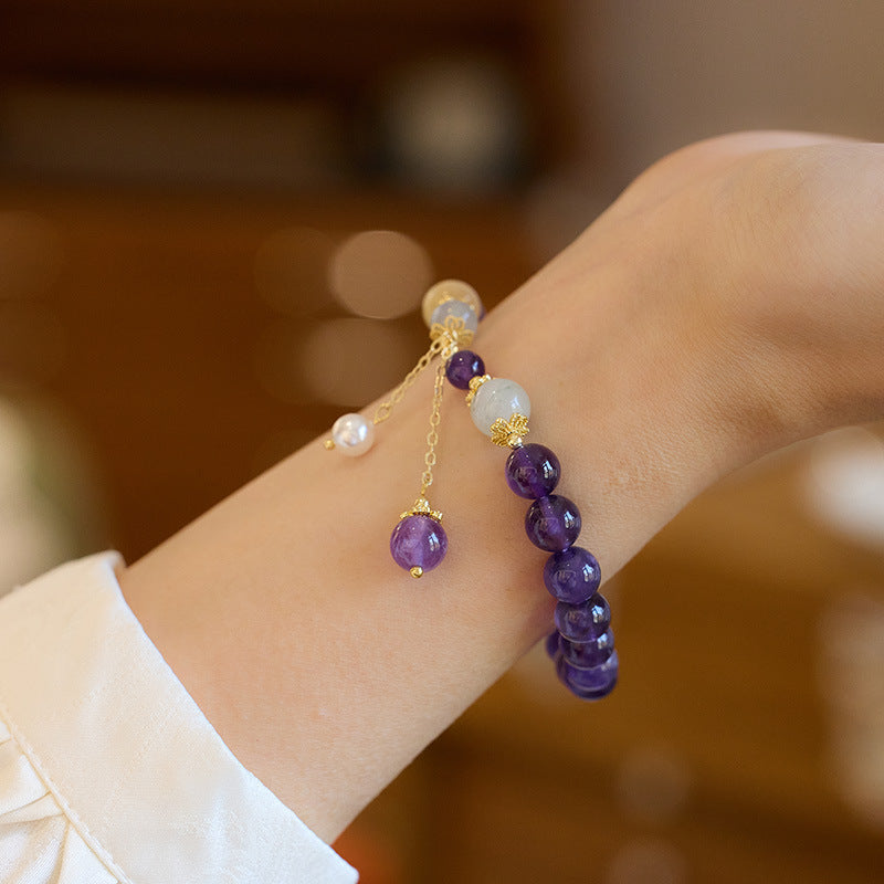 Unique Design Natural8MM Amethyst Bracelet for Women with Pearl Pendant and Tassel, Female Jewelry, Best Friend Gift