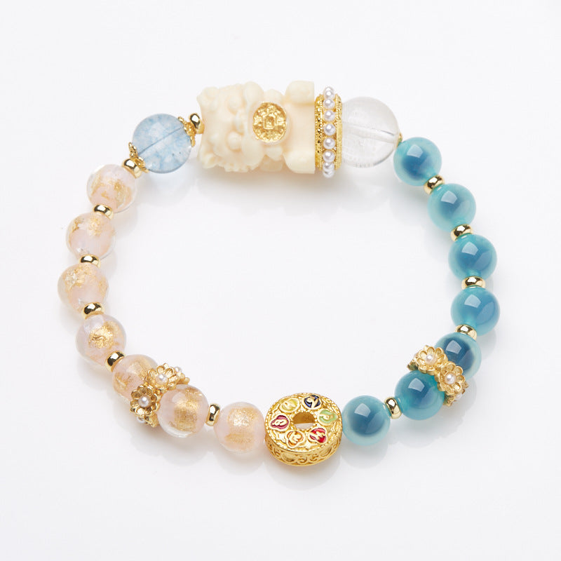 Temple Style Natural Blue Heart Agate Bracelet Wealth Hugging Dragon Gold Foil Double Combination Incense Ash Glaze Bracelet