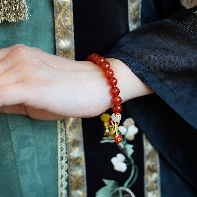 New Chinese Style Natural Red Agate Gold-Plated Beast Bracelet for Women, Zodiac Year Retro Style Beaded Jewelry Gift