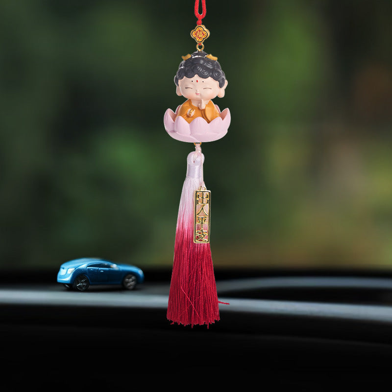 Temple Cute Car Rearview Mirror Decoration Bag Hanging Ornament Creative Gift Blessing Little Buddha Little Guanyin Car Hanging