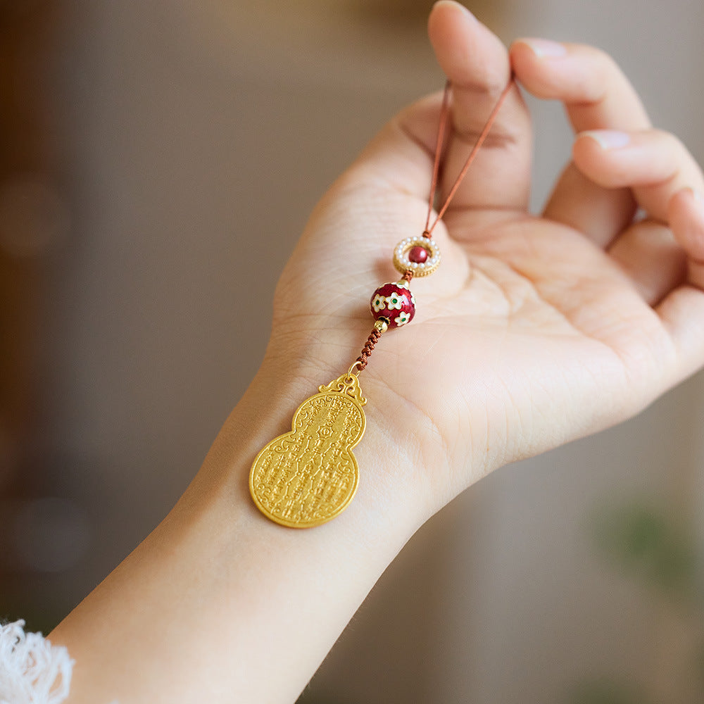 Ancient Method Sand Gold Copper Plated Gourd Pendant with Cinnabar and Hydrangea DIY Birth Year Wealth Business Good Luck Keychain Phone Pendant