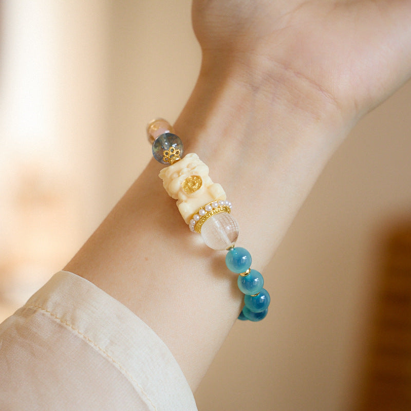 Temple Style Natural Blue Heart Agate Bracelet Wealth Hugging Dragon Gold Foil Double Combination Incense Ash Glaze Bracelet