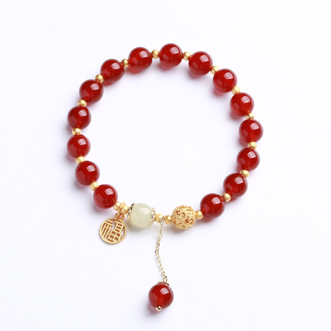 Natural8MM Red Agate Bracelet S925Silver and Gold Cloud Pattern Hetian Jade Fortune Bracelet for Women, Chinese Style Qixi Gift