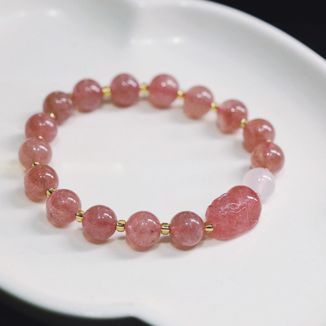Natural7MM Pigeon Blood Red Strawberry Quartz Pixiu Bracelet for Women Moonstone Good Luck Peach Blossom Pink Quartz Beaded Bracelet Gift