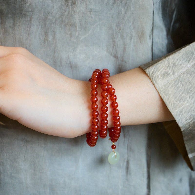 Natural6MM Red Agate Three Circle Bracelet Hetian Jade Peace Buckle Retro Ethnic Style Bracelet Best Friend Gift