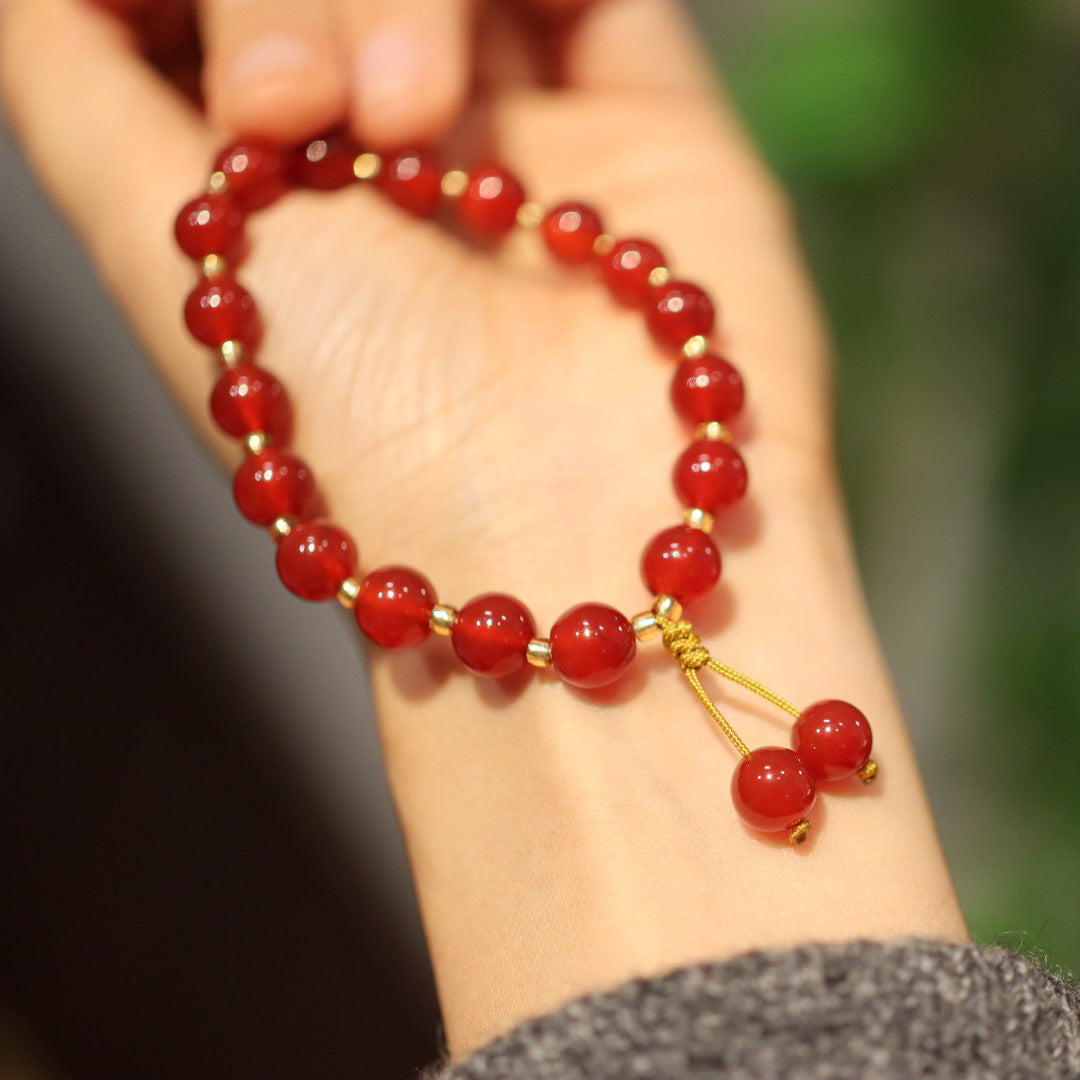 Live Streaming Natural8MM Red Agate Bracelet for Women Good Things Come in Pairs Tassel Style Woven Chalcedony Agate Bracelet