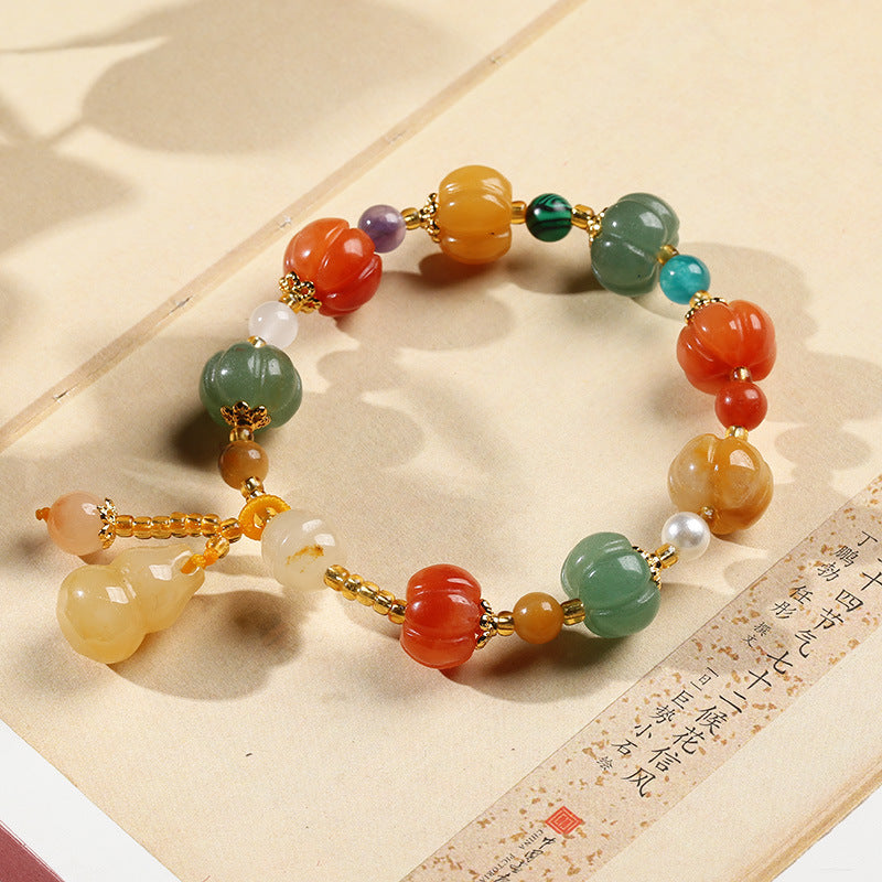 Yiyi Natural Golden Silk Jade Pumpkin Bead Bracelet for Women, Best Friend Gift, Gourd Pendant, Bell Jade Stone Jewelry