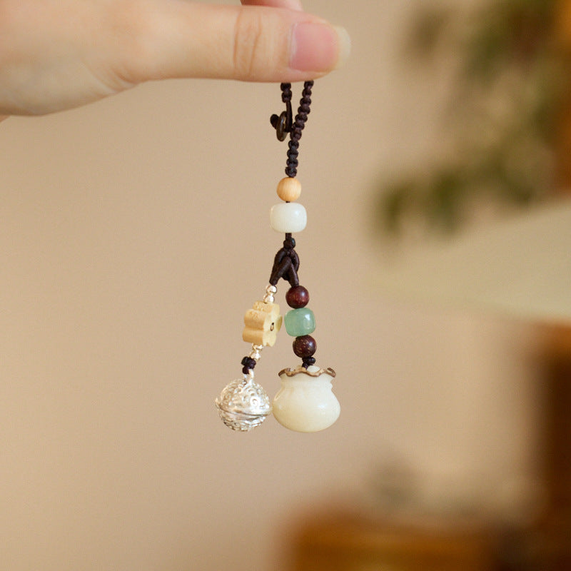 Natural White Jade Bodhi Money Bag Keychain Bell Money Flower Creative Pendant Car Keychain Decoration