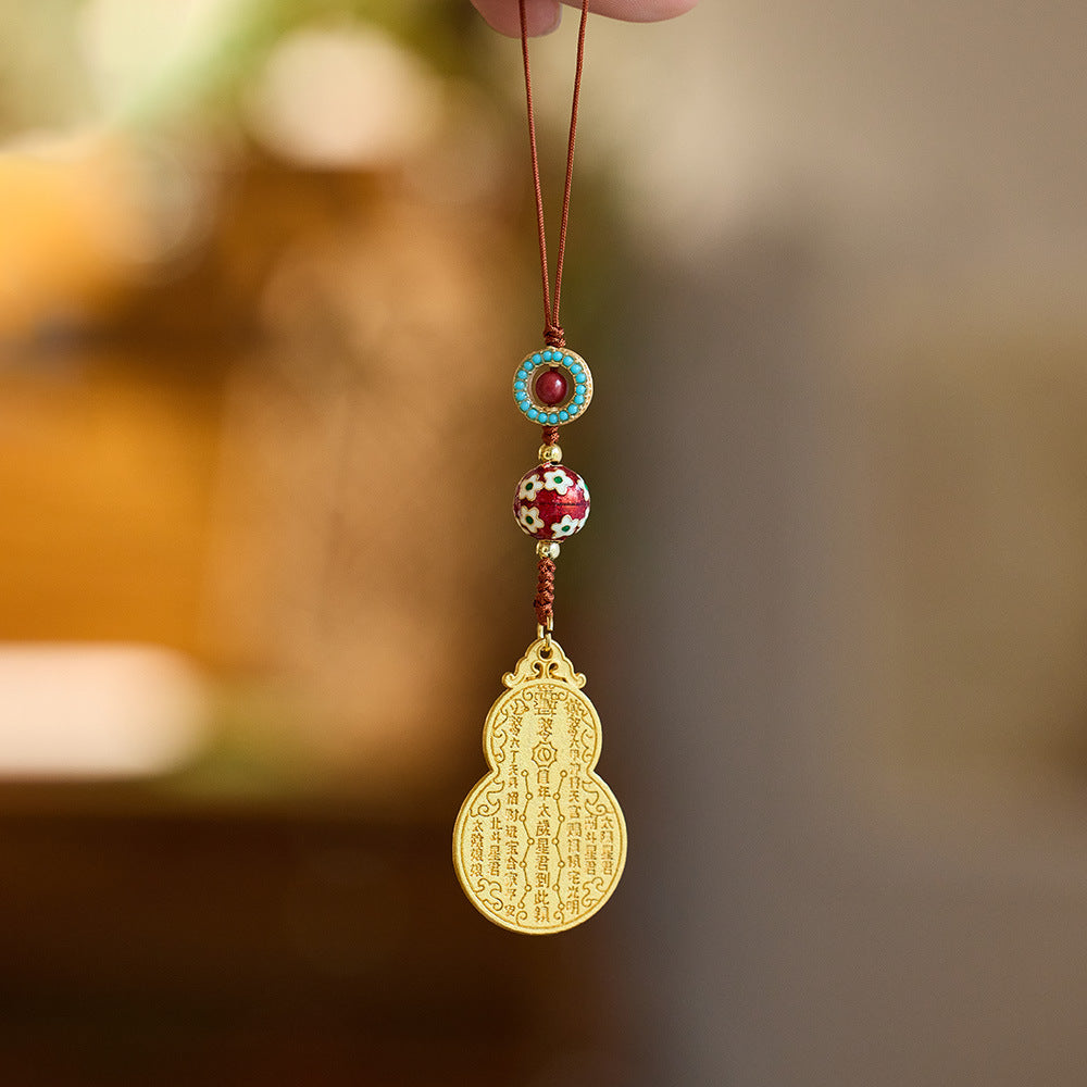 Ancient Method Sand Gold Copper Plated Gourd Pendant with Cinnabar and Hydrangea DIY Birth Year Wealth Business Good Luck Keychain Phone Pendant