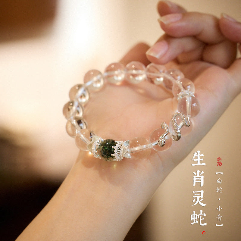 White Crystal Bracelet for Women, Auspicious Snake, Year of the Snake, Zodiac Bracelet, Green Snake, Gift for Best Friend
