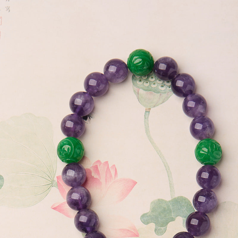 Qing Palace Dry Green Jade Eighteen Beads Cheongsam Press Pin Women's Ornament Handheld Purple Crystal Eighteen Beads Bracelet