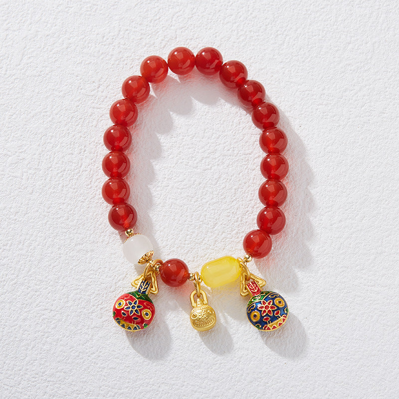 New Chinese Style Natural Red Agate Gold-Plated Beast Bracelet for Women, Zodiac Year Retro Style Beaded Jewelry Gift