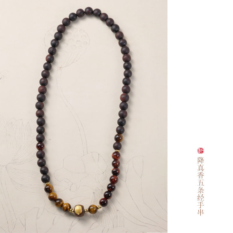 Ancient Style Bracelet Wenwan Agarwood Women Layered Wear Niche Tiger Eye6MM Round Bead Five Strands Single and Double Circle Agarwood Bracelet