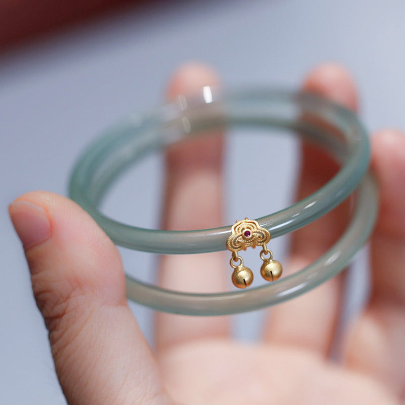 Sky Blue Dingdang Bracelet Hollow Ruyi Bell Style for Women Chalcedony Agate Bracelet Artistic Retro Jade Bracelet Chinese Style