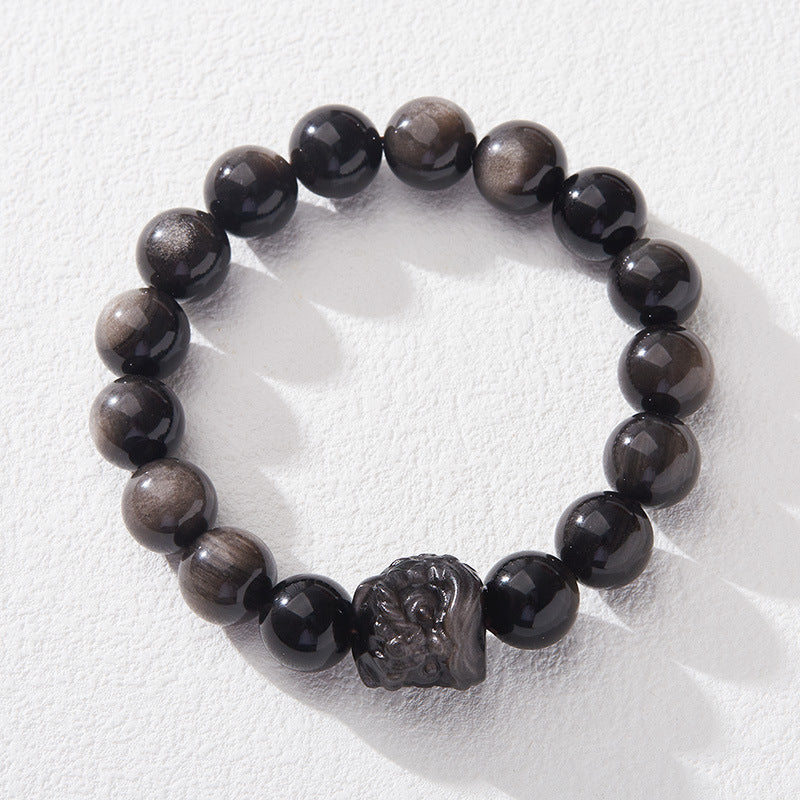 Natural Obsidian Bracelet Double Eyes Silver Stone Buddha Beads Good Luck Xingshi Bracelet Men and Women Bracelet of Birth Year