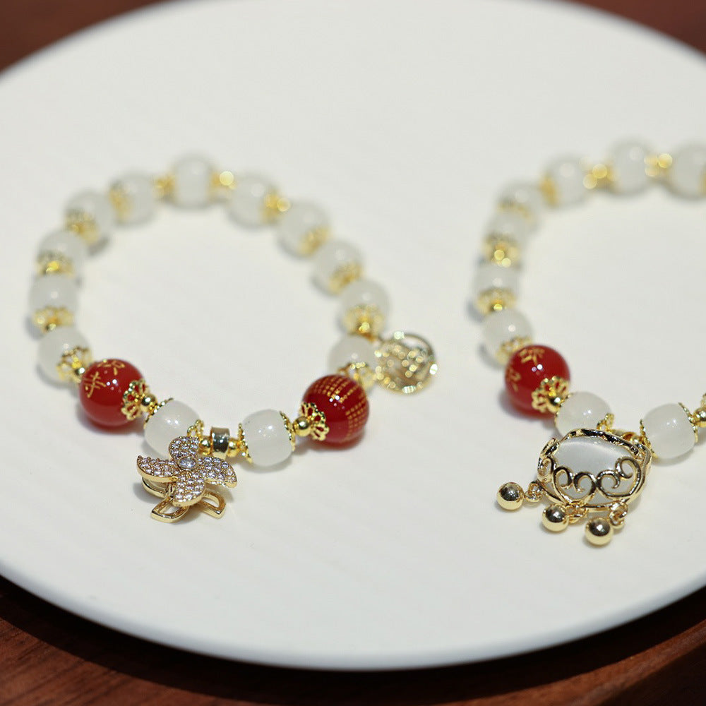 National Style Temple Same Style Wealth Peace Lock Windmill Stress Relief Glass Old Xing Barrel Bead Bracelet Glass Bead Bracelet Gift for Friends