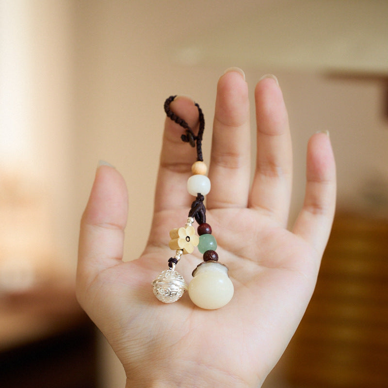 Natural White Jade Bodhi Money Bag Keychain Bell Money Flower Creative Pendant Car Keychain Decoration