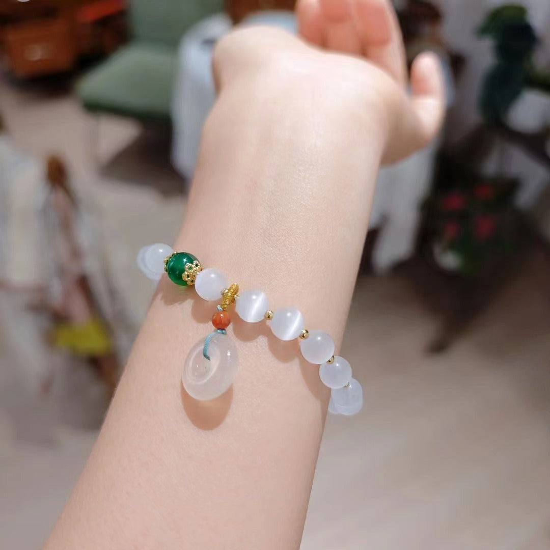 Trendy Chinese Style Cat's Eye Beaded Bracelet for Women ins Niche Design Peace Buckle Lotus Pendant Bead Bracelet Jewelry