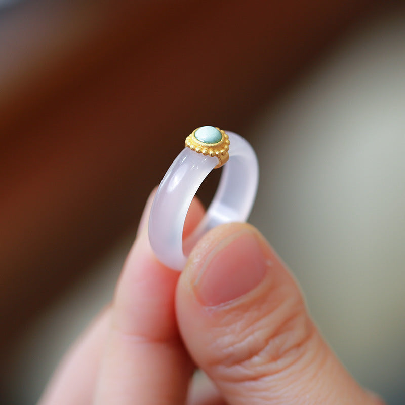 Nationaler Trend Natürlicher weißer Achatring mit Chalcedon-Kombination S925 Silber eingelegter südroter Achat Türkis Jade Damenring Schmuck