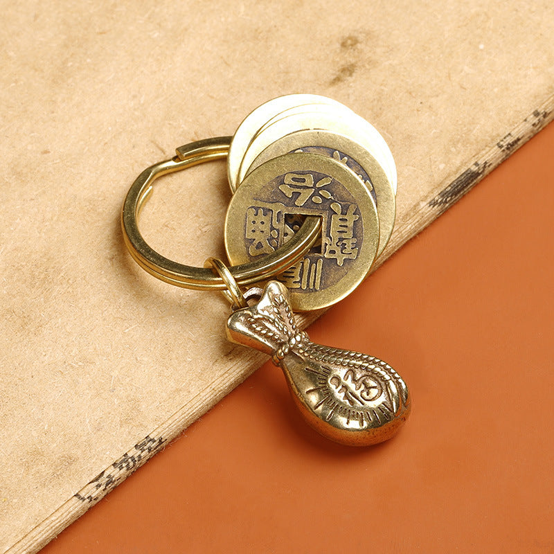 Pure Copper Five Emperor Coins Brass Gourd Keychain Pendant Portable Copper Coin Small Pendant Small Ornament