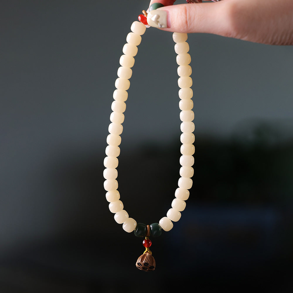 Natural White Jade Bodhi Double Circle Bracelet with Jujube Wood Lotus Seed Pod Tassel Abacus Old Style Barrel Bead Bracelet Collectible Artifact