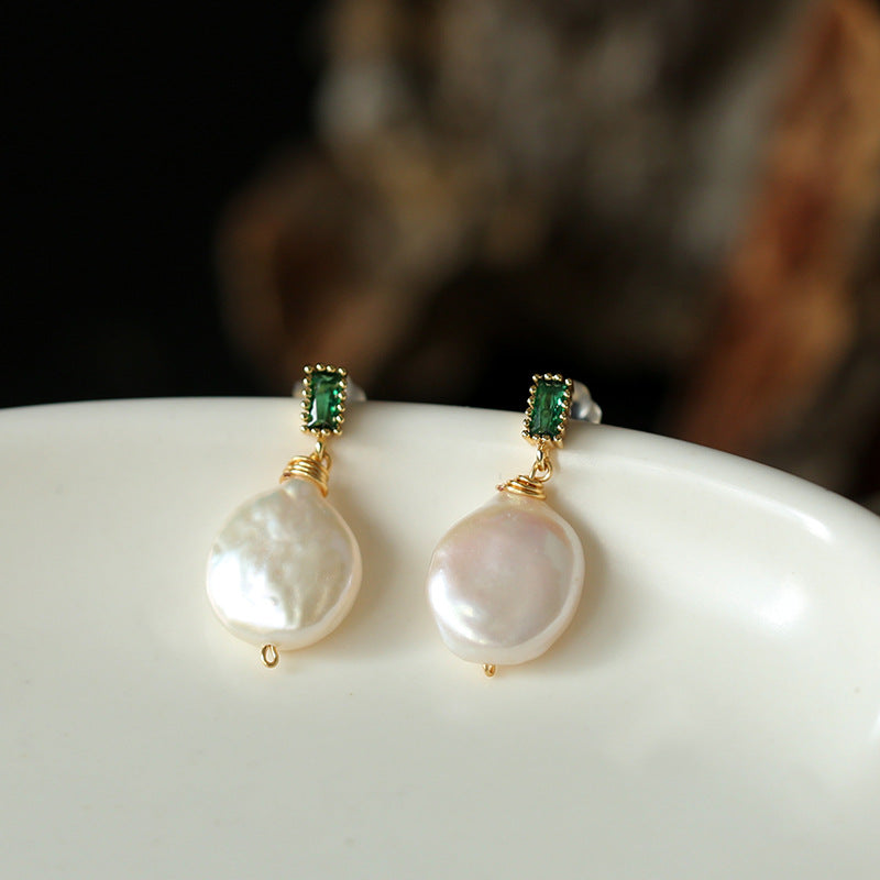 Natural Freshwater Baroque Pearl Earrings with Emerald Pearl Studs 14K Gold-Plated Vintage Earrings for Women Summer Simple